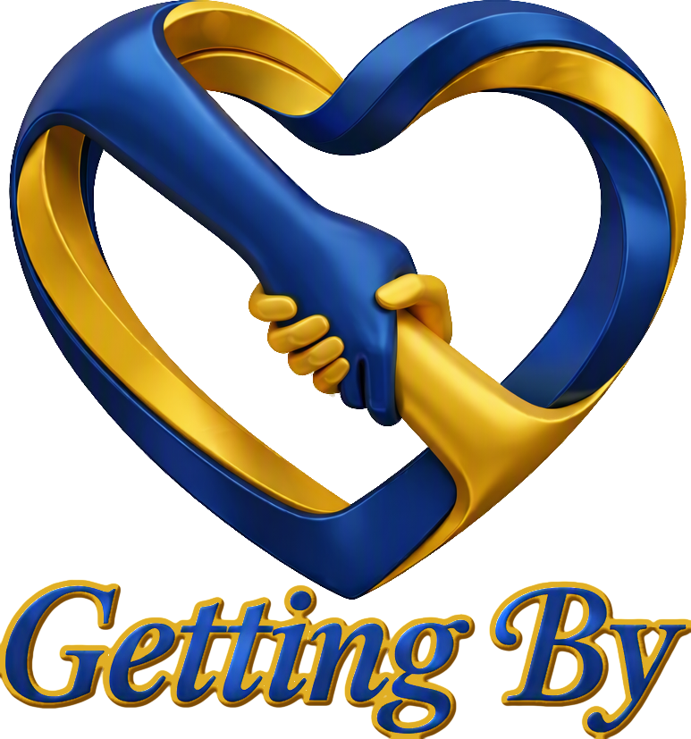 Getting By: a heart made of two ribbons, blue and gold, with two hands clasped